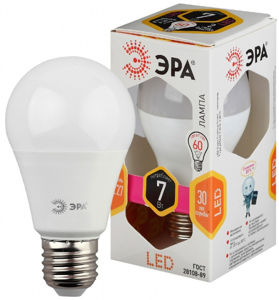 Лампа светодиодная Эра Стандарт E27 7Вт 2700K LED A60-7W-827-E27