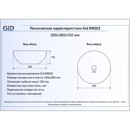 Раковина 38x38 см GID Simple N N9002