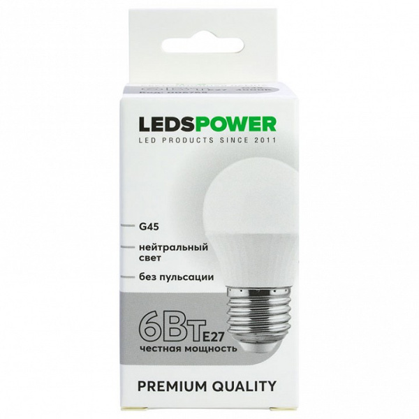 Лампа светодиодная LEDS POWER G45 E27 6Вт 4000K 006765