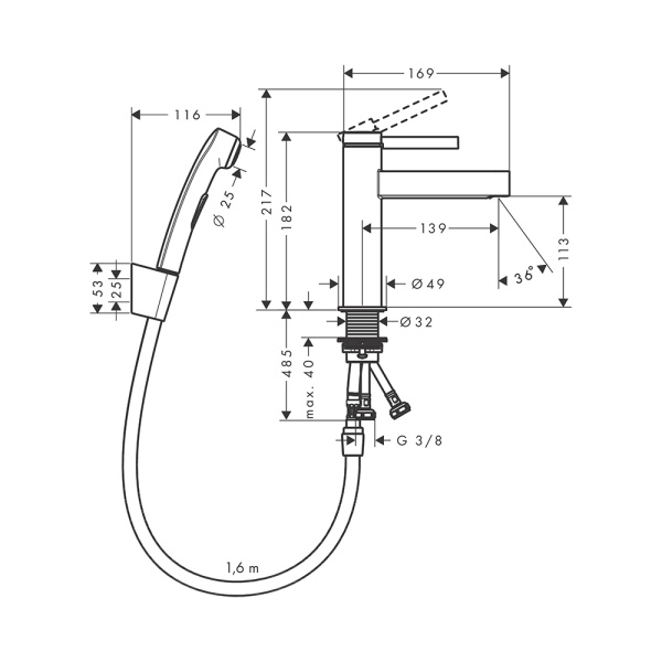 Смеситель для раковины hansgrohe Finoris 76210670 с гигиеническим душем черный матовый