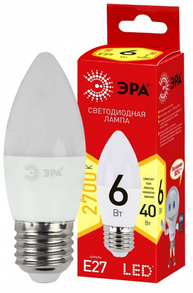 Лампа светодиодная Эра  E27 6Вт 2700K ECO LED B35-6W-827-E27 R