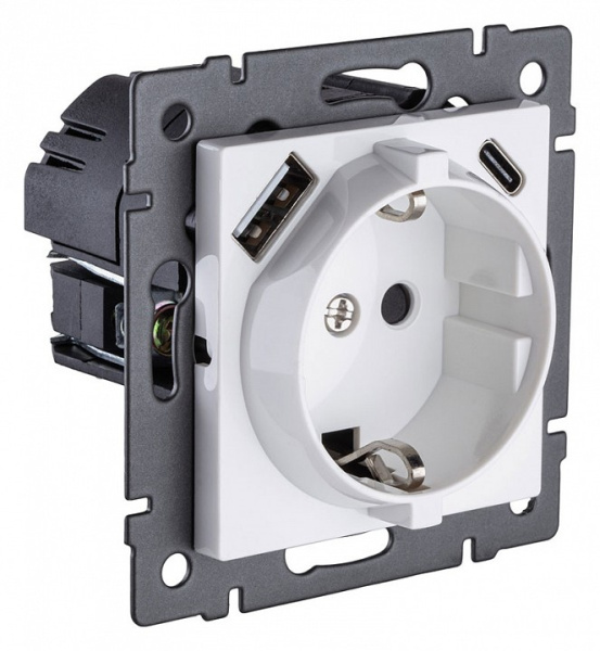 Розетка с заземлением и со шторкой и 2хUSB type A и C, без рамки Kollinger  REA-004WH