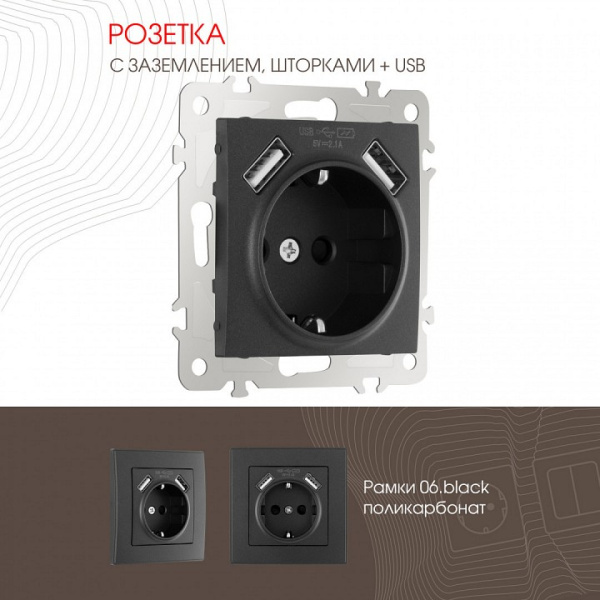 Розетка с заземлением и со шторкой и 2хUSB без рамки Arte Milano am-206 206.47-1.black