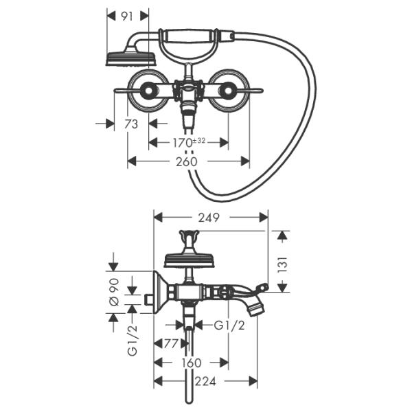 Смеситель для ванны Axor Montreux 16551820 с душевым гарнитуром шлифованный никель