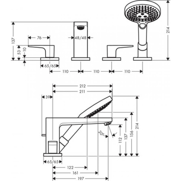 Смеситель для ванны hansgrohe Metropol 32552000 на 4 отверстия хром