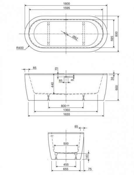 Акриловая ванна Cezares Slim 180x80 SLIM CENTRAL-180-80-44-W37