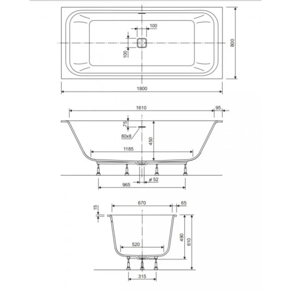 Ванна из литьевого мрамора Cezares Titan TITAN-VARIO-180-80-WL 180x80 см, белый