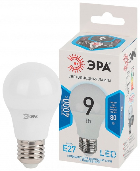 Лампа светодиодная Эра Стандарт E27 9Вт 4000K LED A60-9W-840-E27