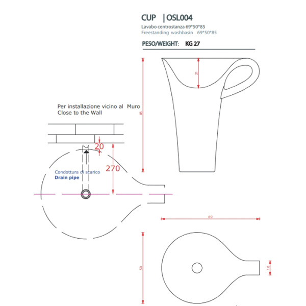 Раковина напольная Artceram Cup OSL004 01 50 70х50х85 см белый/черный