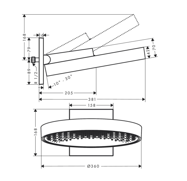 Верхний душ hansgrohe Rainfinity 360 1jet 26230670 с настенным креплением матовый черный