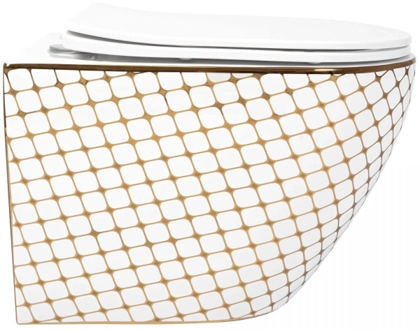 Унитаз подвесной Rea Carlos REA-C5100 безободковый, с сиденьем микролифт, белый/золото