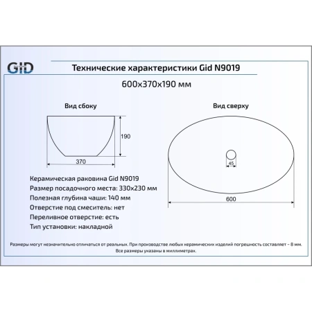 Раковина 60x37 см GID Simple N N9019