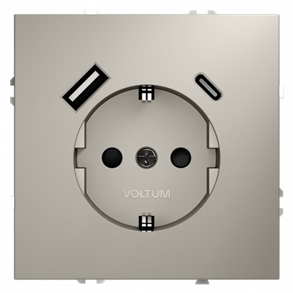 Розетка с заземлением и со шторкой и 2хUSB type A и C без рамки Voltum S70 VLS040503