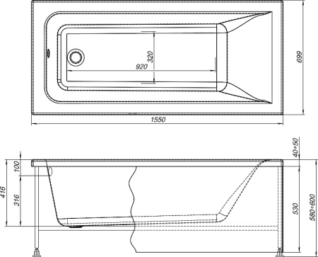 Акриловая ванна STWORKI Стокгольм 155x70 см, с каркасом