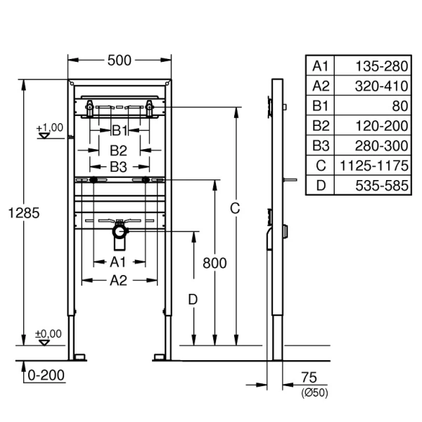 Монтажный элемент для раковины со смесителем встроенным в стену, 1285 мм Grohe Rapid SL 38546000