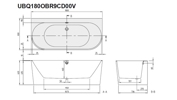 Квариловая ванна Villeroy&Boch Oberon 2.0 180x80 UBQ180OBR9CD00V-01