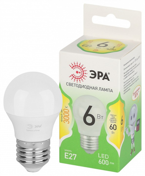 Лампа светодиодная Эра Green Line E27 6Вт 3000K LED P45-6W-830-E27 GL