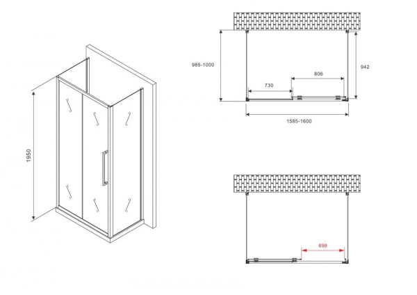 Душевой уголок Abber Schwarzer Diamant 160x100 AG30160BMH-S100BM-S100BM черный