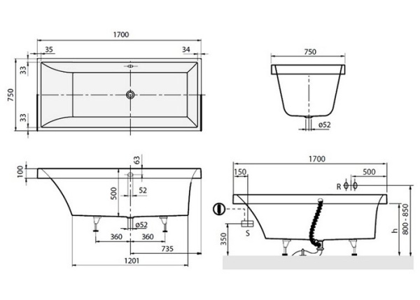 Квариловая ванна Villeroy&Boch Squaro 170x75 UBQ170SQR2V-01