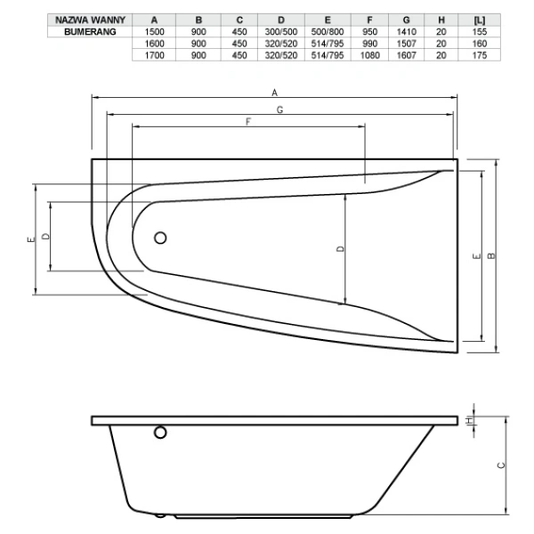 Акриловая ванна 170x90 см левая Vayer Boomerang GL000009592