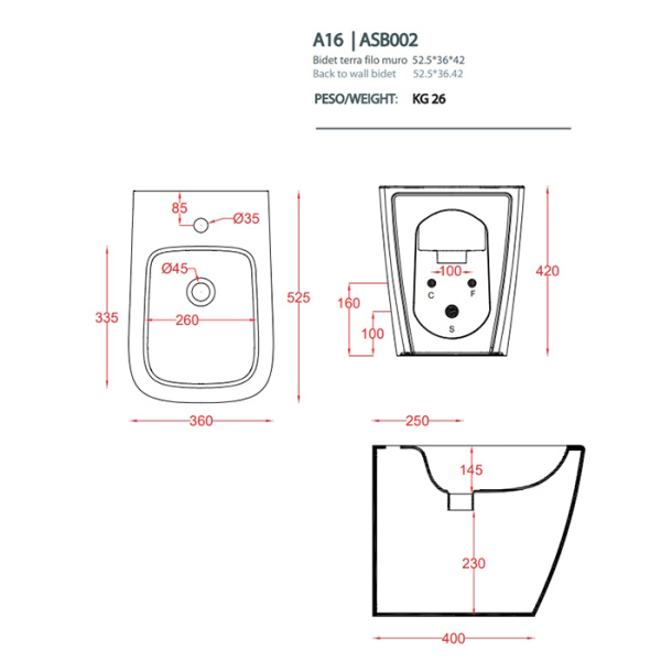 Биде напольное Artceram A16 ASB002 05 00