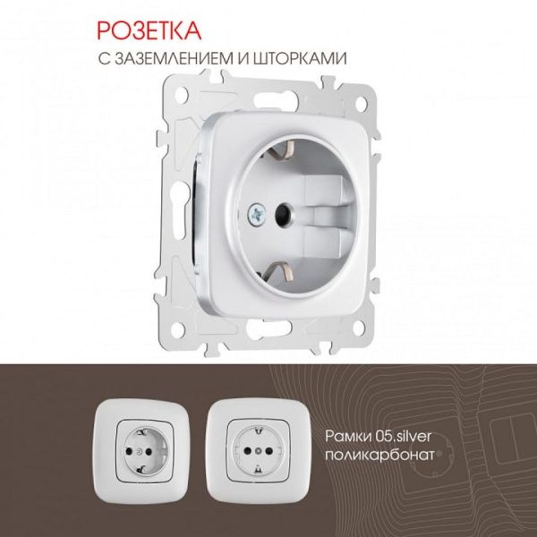 Розетка с заземлением и со шторкой, без рамки Arte Milano am-205 205.40-1.silver