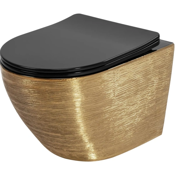 Унитаз подвесной Rea Carlo Mini REA-C3300 безободковый, с сиденьем микролифт, черный глянец/золотой матовый