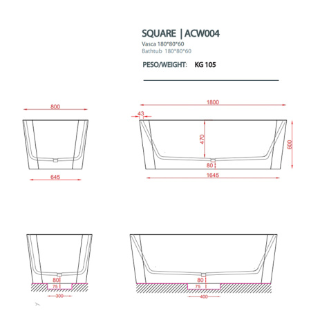 Ванна отдельностоящая Artceram Square 180х80 ACW004 05 bi matt