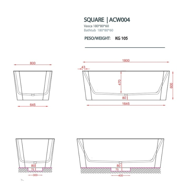 Ванна отдельностоящая Artceram Square 180х80 ACW004 05 bi matt