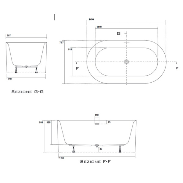 Акриловая ванна свободностоящая Kerasan Nolita 145х78х58 535001