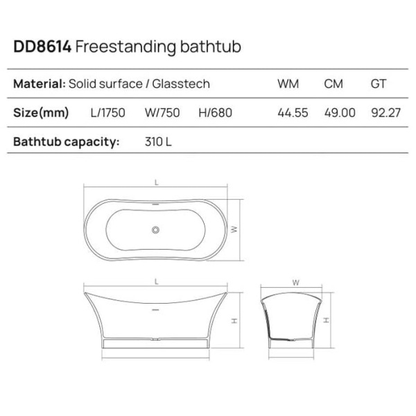 Отдельностоящая ванна Dea Design Elegant 175x75x68 DD8614 1750 R4 smoky black