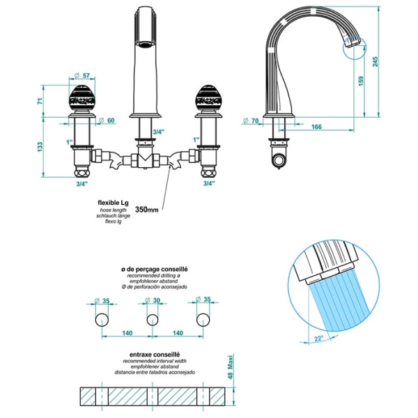 Смеситель для ванны THG Marquise blanc dcor Platine A7G.A02.25SG
