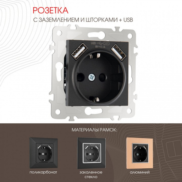 Розетка с заземлением и со шторкой и 2хUSB без рамки Arte Milano am-203 203.47-1.black