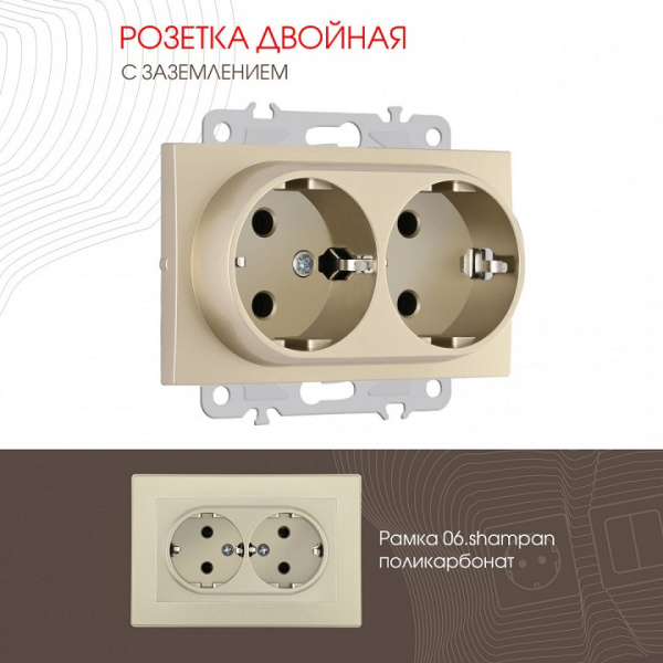 Розетка двойная с заземлением без рамки Arte Milano am-206 206.40-2.shampan