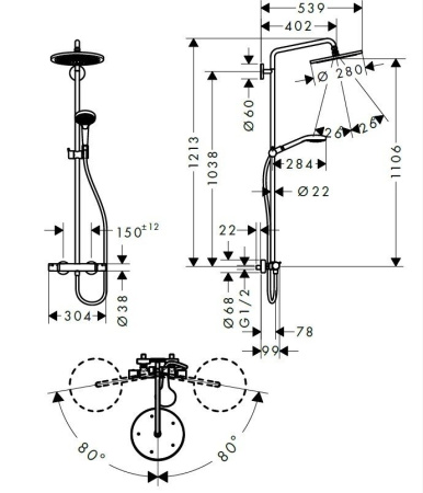 Душевая стойка hansgrohe Croma Select S 280 26890340 1 режим струи шлифованный черный хром
