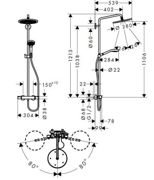 Душевая стойка hansgrohe Croma Select S 280 26890140 1 режим струи шлифованная бронза