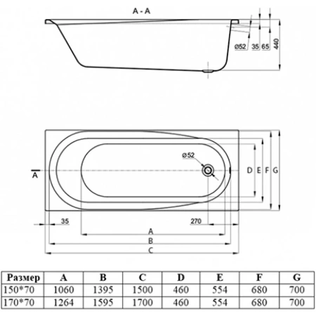 Акриловая ванна Vincea VBT-2B170-FR 170x70 см, белый