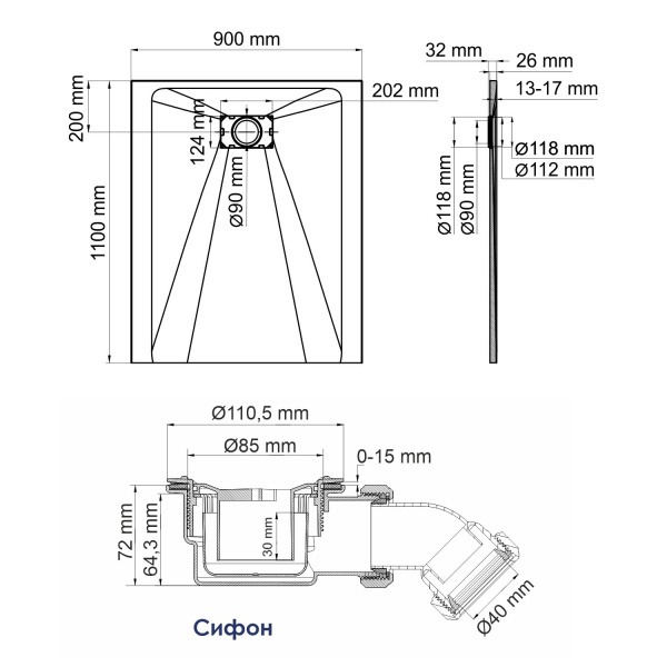 Душевой поддон WasserKRAFT Elbe 74T 110х90 74T15 черный