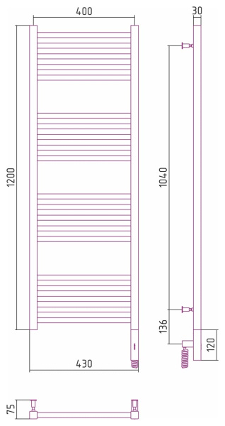 Полотенцесушитель электрический Сунержа Модус 3.0 1200х400 МЭМ правый 00-5701-1240 без покрытия