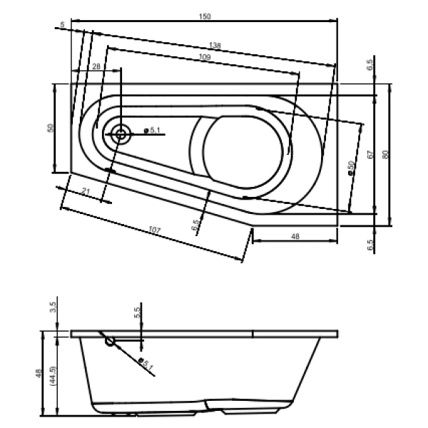 Акриловая ванна 150x80 см Riho Delta L B067001005